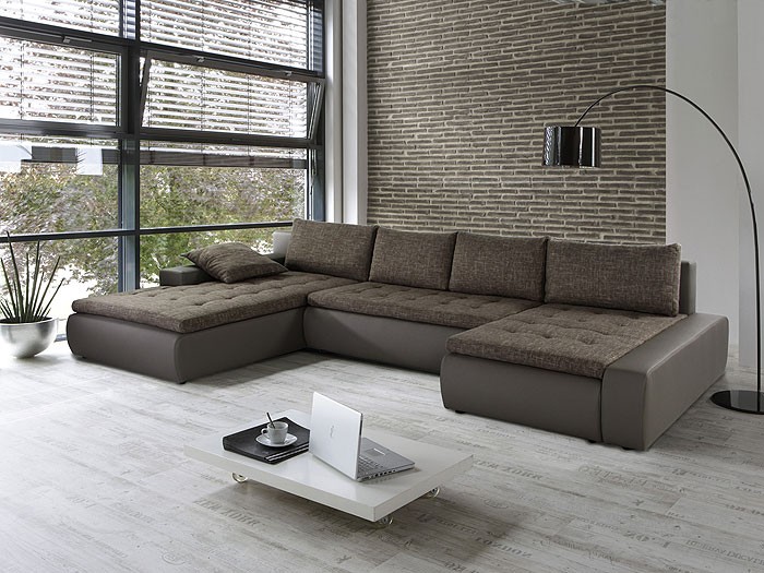 Sofa cayenne, 389x212/162cm, webstoff braun beige, kunstleder ...